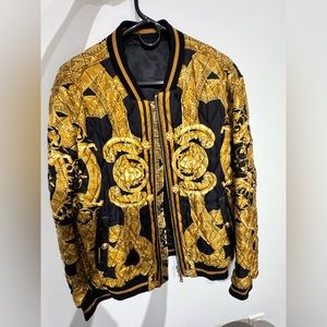 VERSACE c.2013 Gold Black Baroque Quilted Silk Zip Up Bomber Jacket